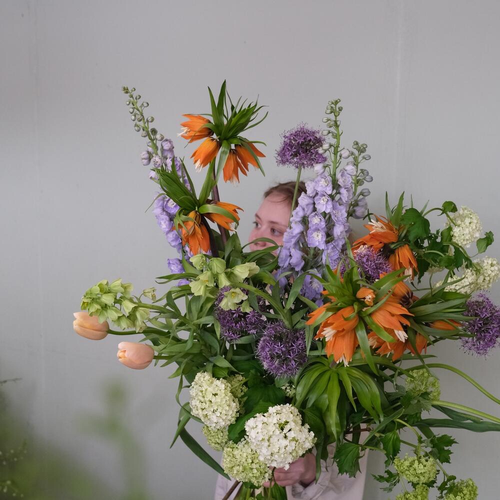 Рябчики, дельфиниум, лучок и тюльпаны